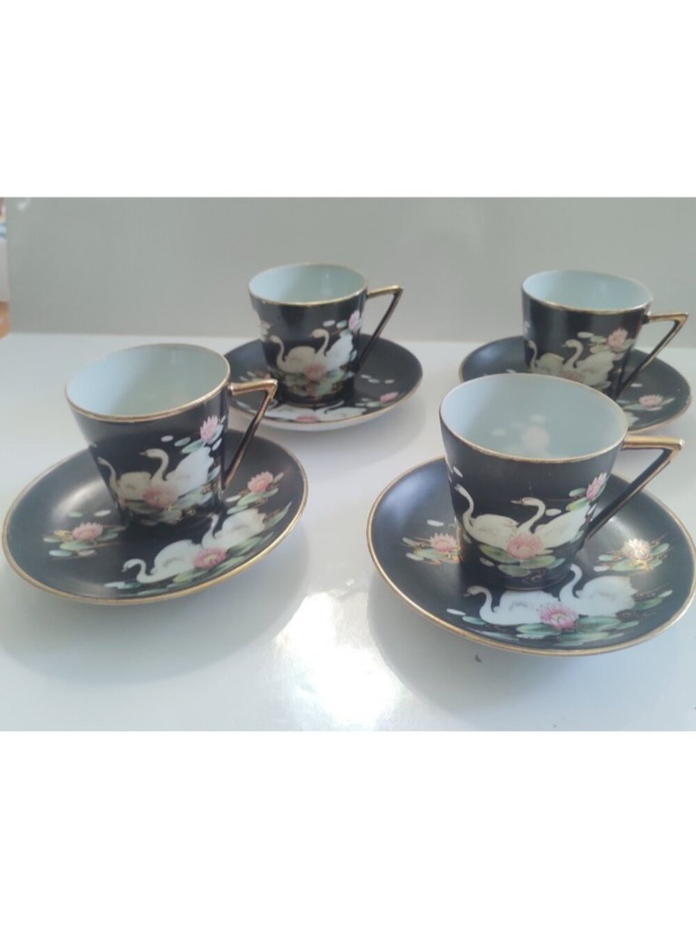 Vintage Nippon Demitasse Cups & Saucers set of 4 Swan & Water Lily